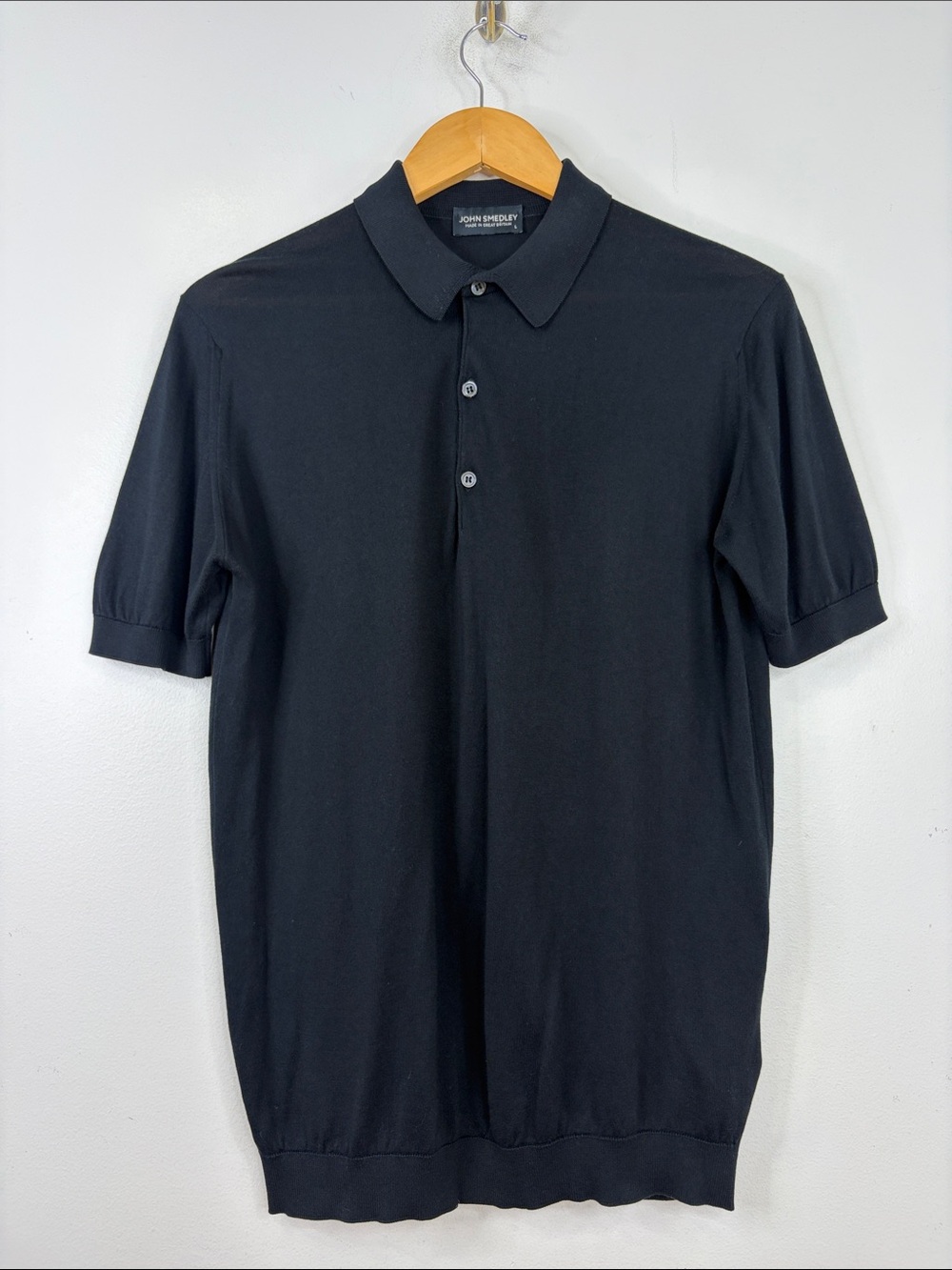 John Smedley Sea Island Cotton Polo Mens Large Black Short Sleeve Knit Shirt